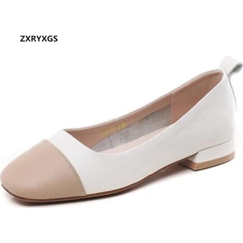ZXRYXGS 2021 New Fashion Premium Full Genuine Leather Spell Colors Square Toe Womens Flats Soft Sole Comfort Trendy Shoes Tide