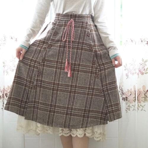 Mori Girl Vintage Retro Harajuku Hippie Boho Button Checkerboard Plaid Tweed Patchwork Cotton Elastic Waist Women Autumn Skirt