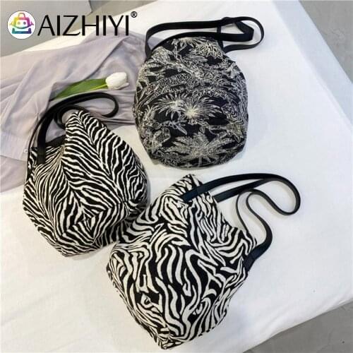 Vintage Women Zebra Pattern Printing Canvas Bucket Shoulder Shopping Bag Ladies Casual Large Capacity Tote Handbags