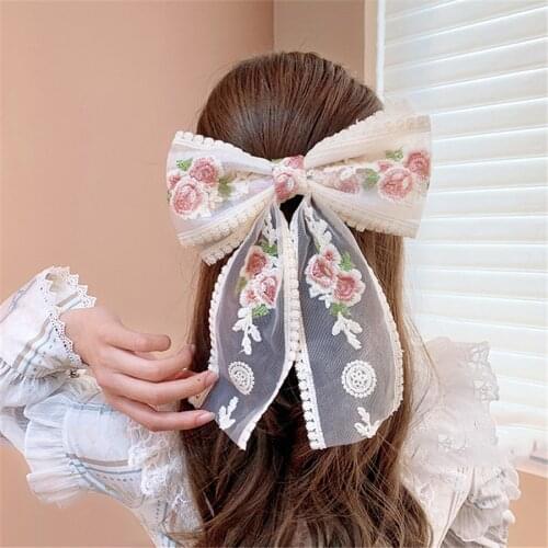 2021 New Simple Cute Women Hair Pins Lace Embroidery Big Bowknot Ribbon Flowers Hair Clips for Girl Fashion Hair Accessories
