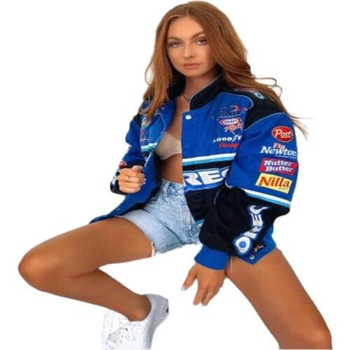 2021 Fashion Outdoor Sport Style Outerwear Women/Girl Stand Collar Print Splicing Bat Sleeve Casual Loose Blue Bomber Jacket 2XL