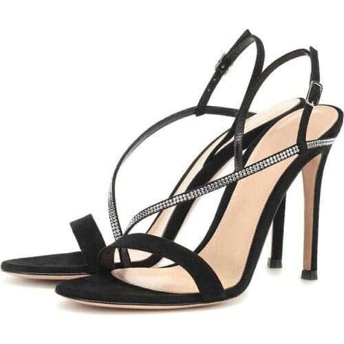 Women Sandal Thin Heel Pumps New Diamond Cross Strap Fashion Black Suede High Heels Sandals Brand Women Shoes Sandalias Mujer