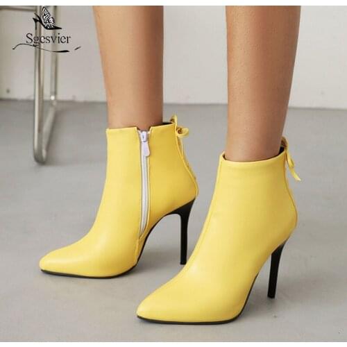 Sgesvier Cross Straps Bowknot Pointed Toe Stiletto Heel Women Ankle Boots Super High Heel Sexy Autumn Winter Warm Short Boots