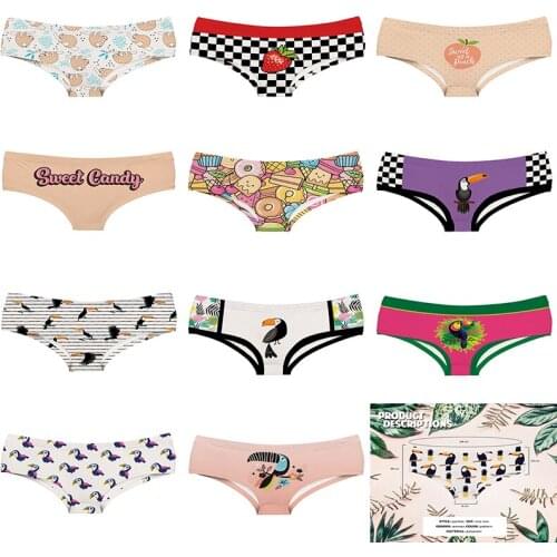 Plaid Stripe Pattern Mid-rise Cartoon Polyester Girl Briefs Cartoon Toucan Women Underwear Sweet Candy cooky Lady Panties
