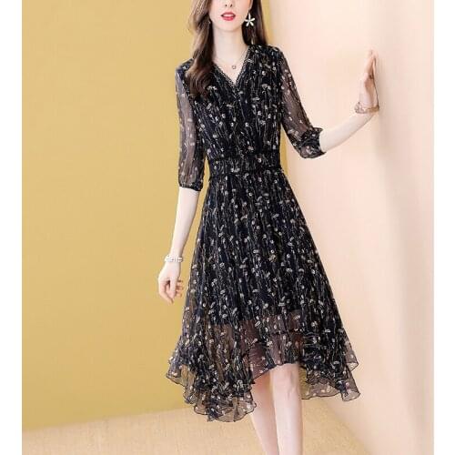 Women black print dress chiffon Irregular hem Lace V Neck Dress High Waist Cool Printed Slim Party Vestidos Autumn 2020