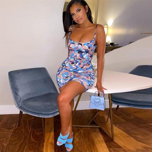 New Summer Sexy Aesthetic Print Side Pleated Dress Women Clothing Low Neck Sleeveless Mini Dresses Female Body-shaping Vestidos