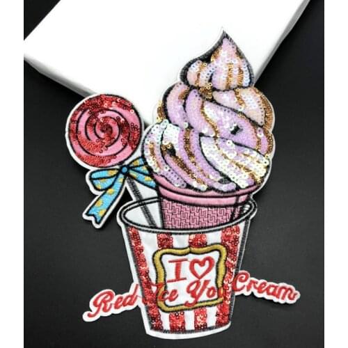 1pcs Large Ice Cream Sequins Patch Embroidered Fabric Garment Accessories Applique For T-shirt Clothes Decoration Patches