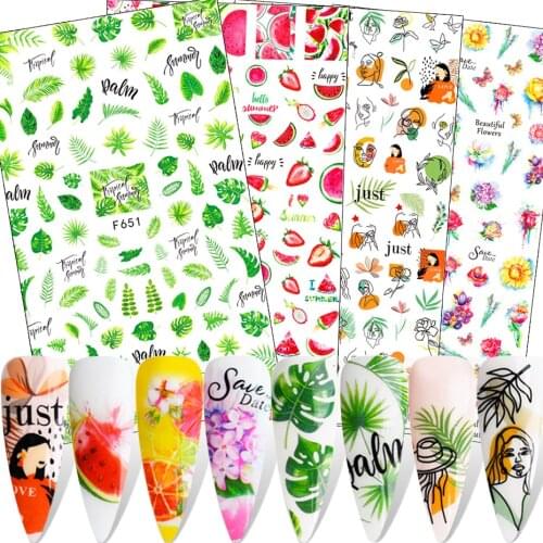 1pcs Fruit Flower Leaf Sticker Abstract Face Watermelon Strawberry Lemon 3D Adhesive Slider Summer Nail Decoration SAF644-653