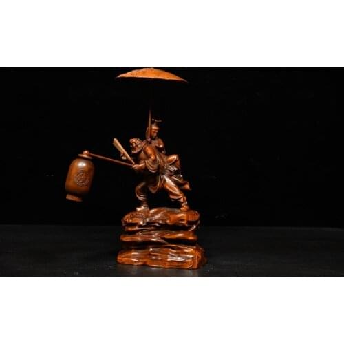 7" China Collection Old Boxwood Zhong Kui statue Fight ghosts Zhong Kui married sister Take a folding fan Ward off evil spirits