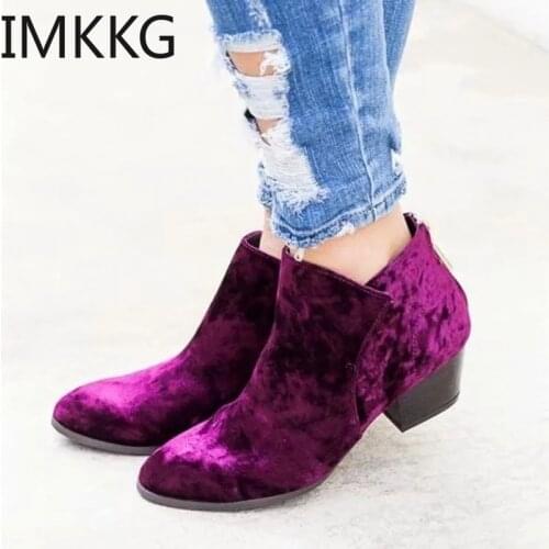 Women Autumn Winter Flannel Ankle Boots Zipper Pointed Square High Heel Solid Casual Purple Blue Booties