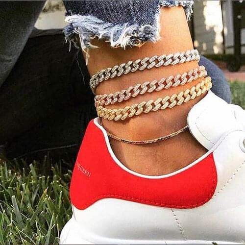 8MM Iced Out Bling Cz Miami Cuban Link Chain Anklet Rose Gold Pink Cz Miami Anklet Silver Color Hip Hop Women Fashion Jewelry