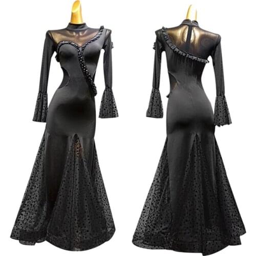 Black ballroom dance competition dress for dancing ballroom dress standard dance dress waltz dress fringe tango dance costumes