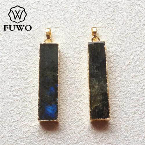 FUWO Natural Rectangle Crystal Labradorite Pendant With 24K Gold Color Plated Edge Moonstone Divination Spiritual Jewelry PD171