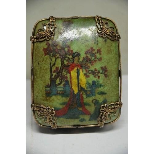 DELICATE CHINESE SILVER INLAID PORCELAIN HANDMADE BUTTERFLY & DRAGON JEWELRY BOX