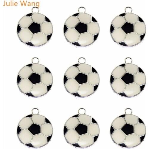 Julie Wang 40PCS Football Design Zinc Alloy Enamel Necklace Pendant Charms Round Shape Soccer Style DIY Jewelry Making Findings