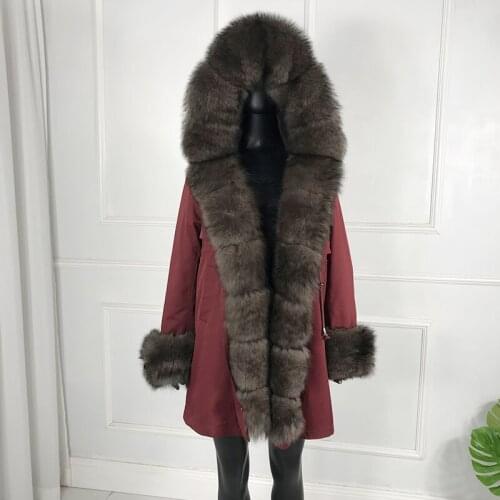 Fur Coat Jacket Parkas Real Fox Fur Collar Women Winter Hooded Warm Thick Section Overcoat New Arrival