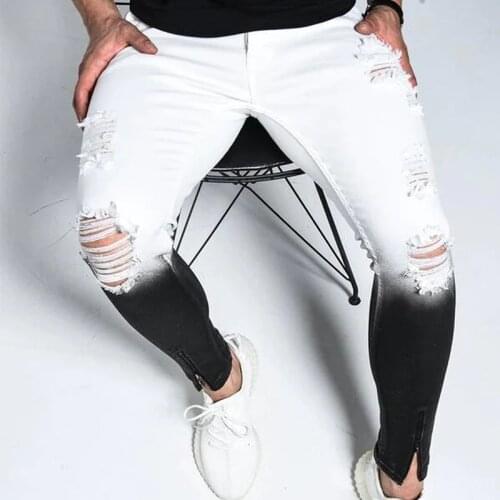 Fashion Mens Skinny Stretch Ripped Male Jeans Slim Fit Denim Trousers Streetwear Gradient White Black Skinny Jeans Men#r