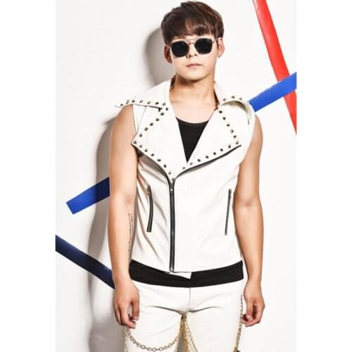 Men vest personalized singer dance stage street star style sleeveless Diagonal zipper leather clothing punk rock dress white