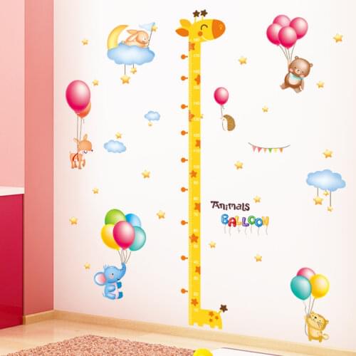 [shijuekongjian] Height Measure Wall Stickers DIY Cartoon Giraffe Animals Balloons Wall Decals for Kids Rooms House Decoration