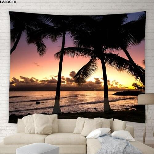 Ocean Landscape Tapestry Natural Scenery Wall Hanging Cloth Beach Sunset Palm Trees Bohemia Background Home Decor Big Tablecloth