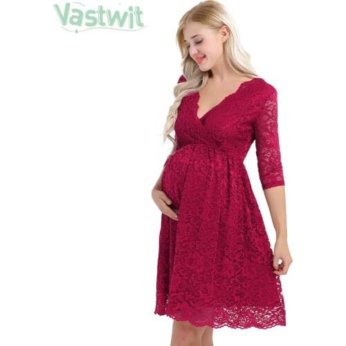 Women Maternity Elegant Floral Lace Overlay V Neck Half Sleeve Wedding Dress Pregnant Photography Dress for Formal Evening Party