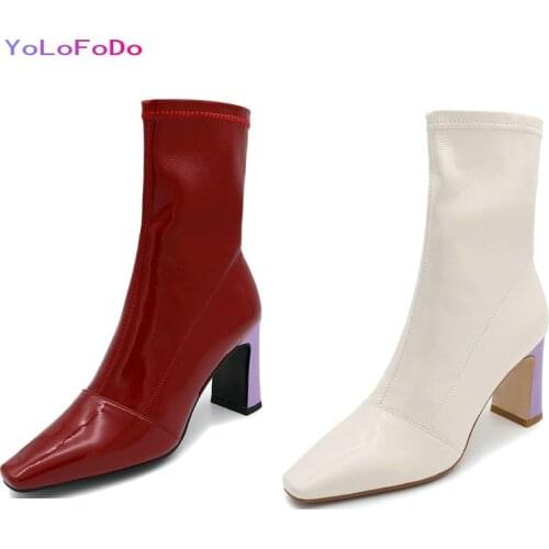 Plus Size 34-43 Women Ankle Boots Mixed Color Square Toe Short Boots Fashion Zipper Dress Ladies Square High Heel Shoes White