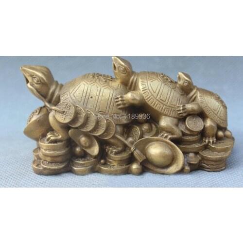 Lucky Chinese Home Fengshui Pure Brass 3 tortoise Money Wealth Rich Statue