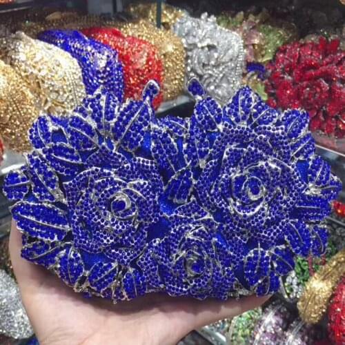 Silver Metal Blue Rhinestone Diamond Evening Bags Clutches 100% Handmade Ladies Crystal Shoulder Handbags Party Purse Wallets