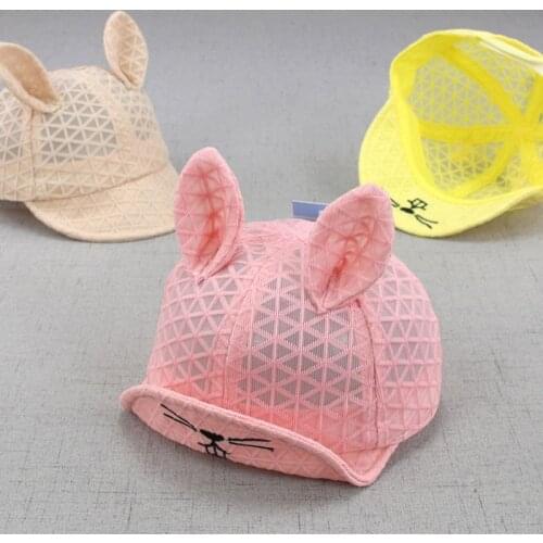 Cute Cartoon Baby Hats with Ears Mesh Breathable Baby Boys Girls Caps Solid Color Toddler Kids Baseball Cap Summer Sun Hats