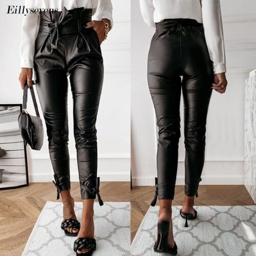 Stylish Womens Leggings PU Leather High Waisted Pants Stretchy Bowknot Skinny Pencil Trousers Bow Womens Pants Black Trousers