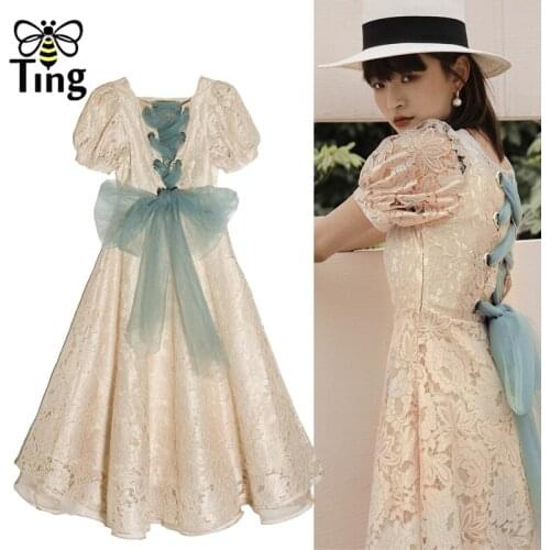 Tingfly Vintage Elegant Mori Girl Lace Summer Knee Length Dress Retro Back Lace Up Bowknot Party Dresses Aesthetic Clothes Zaful