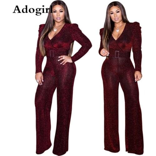 High Stretch Nylon Shiny Golden Silk Jumpsuit Women V Neck Pleat Sleeve With Belt Wide Leg Pants Vintage Office Lady Overalls