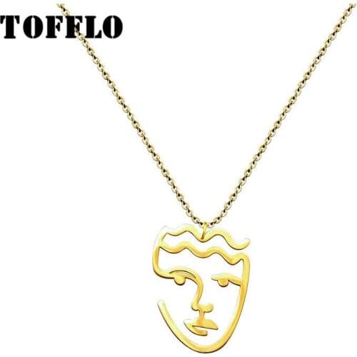 TOFFLO Stainless Steel Jewelry Abstract Art Face Pendant Necklace Women Fashion Hollow Clavicle Chain BSP470