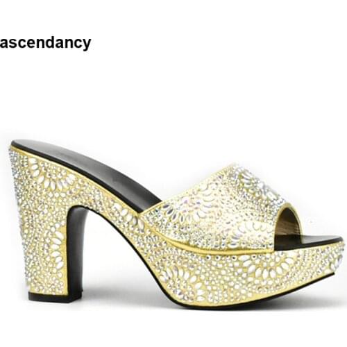 Gold Color Slip on Rhinestone Women Wedding Shoe High Quality African Party Crystal Shoes Sapato Feminino Italian Elegant Shoes