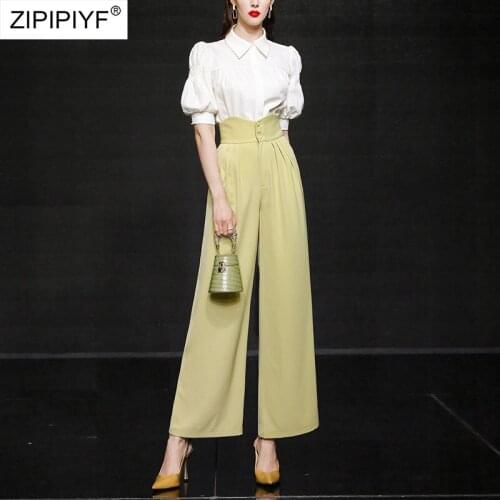 2021 Summer Runway Fashion Turn Down Neck Short Sleeve Single-Breasted Blouse High Waist Ruffle Loose Pants Women Suits Z235