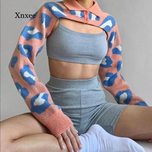 Knitted Crop Tops Fashion Printed Cardigan Women New Lapel Double Button Long Sleeve Irregular Short Sweater Vest Y2K Slim Tank