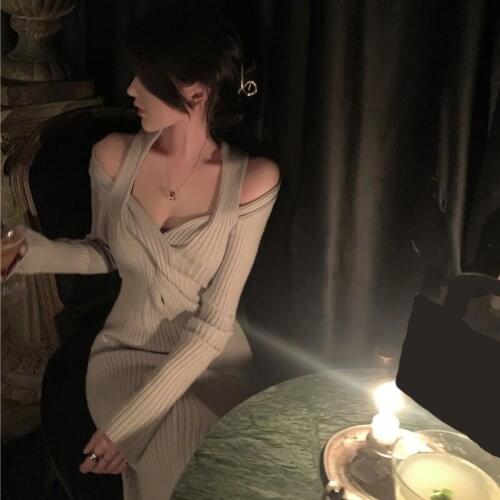 Women Sweater Dress Sexy Halter Long Sleeve V-neck Slim Knitted Ladies 2021 Autumn Winter Clothing Korean Solid Vestidos Femme