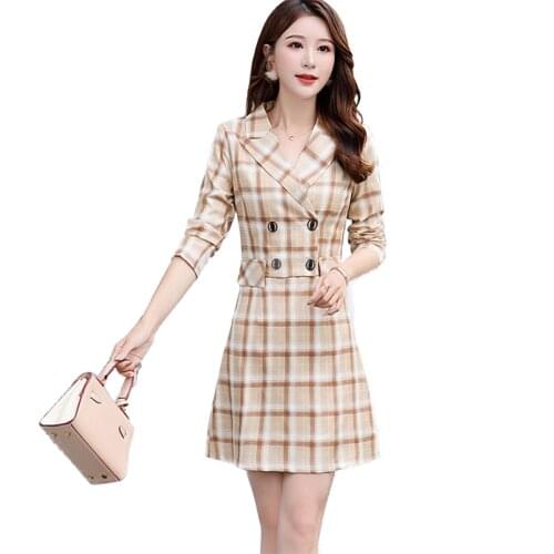 Womens Mid-Length Dress 2021New Spring And Summer Waist Double-Breasted Long-Sleeved Vestidos Large Size Grid Female Dress L466