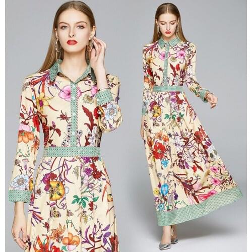 Spring Autumn for Women Dress 2020 Casual Turn Down Collar Tunic Long Shirt Dresses Fashion Vintage Print Maxi Dress Vestidos