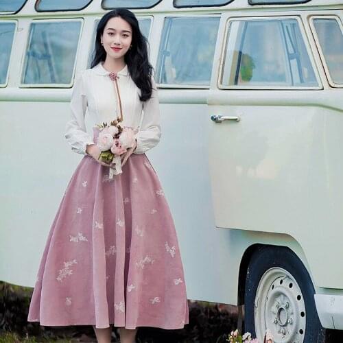 Spring Autumn New Womens Literary Retro Corduroy Patchwork Dress Embroidery Long Sleeve Slim Elegant Lady Fake Two Piece Dress