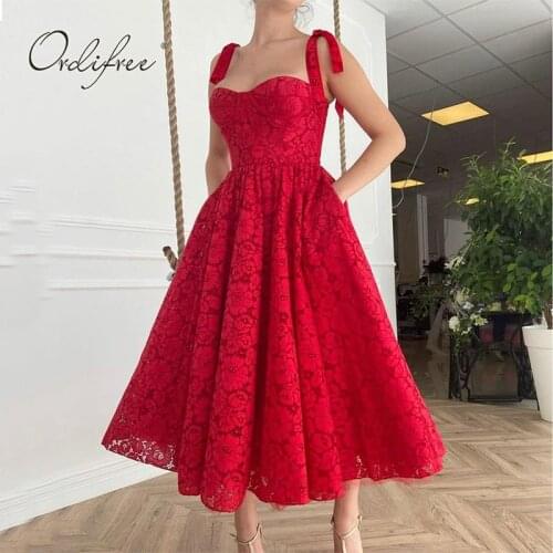 Ordifree 2021 Summer Vintage Women Red Party Dress Spaghetti Strap Sleeveless Sexy Evening Lace Dress