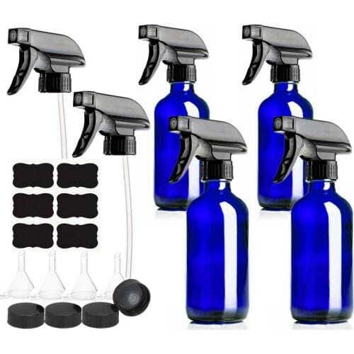 4 Pack 250ml Empty Blue Glass Spray Bottle with Trigger Sprayer Storage Cap Chalkboard Labels for Cleaning Products Plants 8 Oz