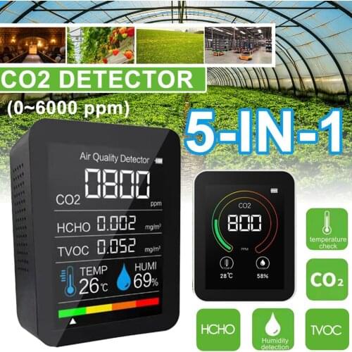 5 In 1 CO2 Meter TFT Screen Air Quality Monitor Sensor Tester TVOC Formaldehyde Detection HCHO Detector Carbon Dioxide Detector