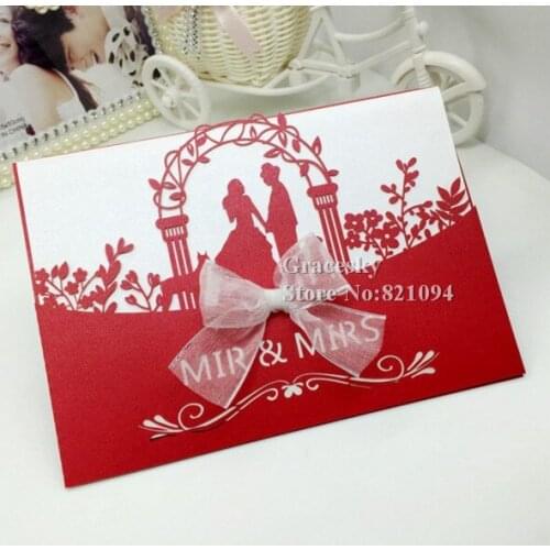 Free shipping 40pcs laser die cut wedding invitation cards Mr Mrs Bride and Groom design with inner blank paper,text customized