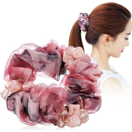 Women Lady Satin Ribbon Cloth Flower Crystal Pearls Hairband Decor Rope Elastic Ponytail Holder Hair Band Accessories