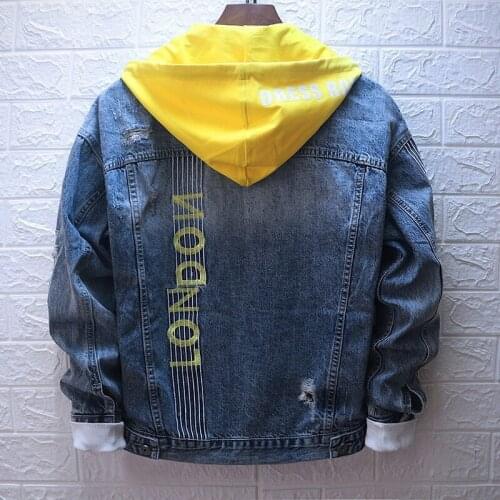 New Hooded Denim Jackets Men Korean Loose Fit Single Breasted 100% Cotton Letter Hole Wash Fashion Casual Jeans Coats Male