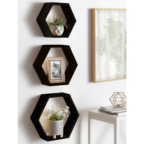 Wood 3'lü Hexagonal (honeycomb) Wall Rack (small) Black