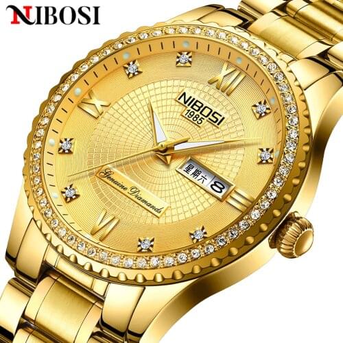 NIBOSI New Crystal Gold Mens Watch Luxury Business Waterproof Chronograph Military Quartz Clock Wristwatch Relogio Masculino