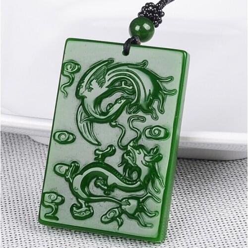 Natural jasper green jade pendant hand carved dragon and phoenix pendants necklace Attached lanyard lover fine jewelry