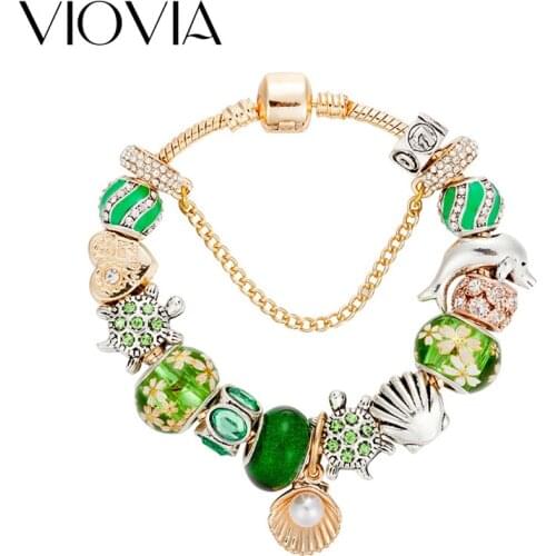VIOVIA 2019 A Variety of Design Green Crystal Tortoise Bead Shell Charm Fit Original Bracelet for Women Gift DIY Jewelry B17093